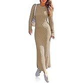 Wenrine Womens Sweater Maxi Dress Long Sleeve Knit Ribbed Crew Neck Slim Fit Casual Fall Long Dresses