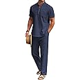 COOFANDY Men's 2 Pieces Cotton Linen Set Casual Short Sleeve Henley Shirts Beach Yoga Pants Summer Outfits