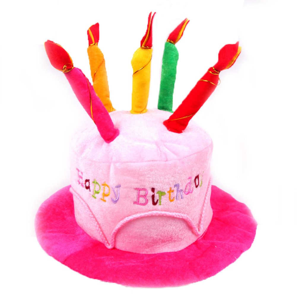 She's Shining Pink Plush Happy Birthday Cake Hat 5 Multicolor Candles Cap Unisex Adult Size Novelty Fancy Dress Party Hats