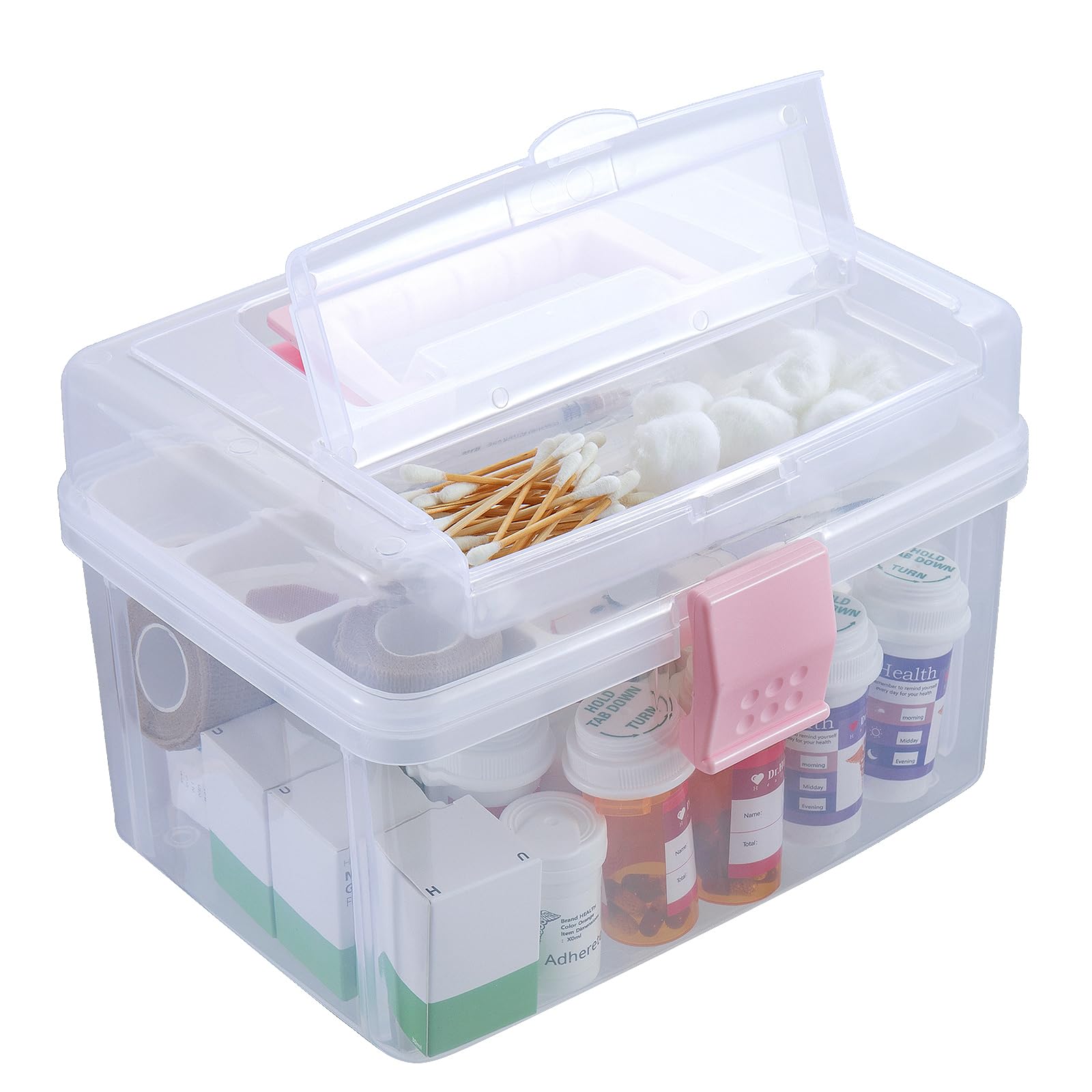 Photo 1 of MyGift 10 Inch First Aid Clear & Pink Bin with Removable Tray, Quick Access Lid Flap and Top Carrying Handle, Portable Emergency Kit, Medical Supply Travel Tote, Medicine Storage Box Container