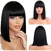 RightOn Black Bob Wig with Bangs Short Straight Black Wig for Women Daily Party Hairnet Include