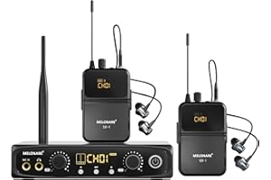 MELONARE Wireless in-Ear Monitor System, Stereo & Mono IEM System w/Bodypack Receivers & Earphones, 10 Tunable Frequencies, 200ft Range, in Ear Monitors for Musicians, Bands, Studio (SD-1-2R)