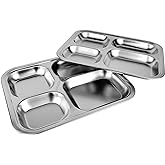 WANGSHIQI Stainless Steel Divided Plates,2 Pack Stainless Steel Rectangular Divided Plates Tray, 4 Sections Dinner Plates for Adults,Picky Eaters, Campers, and Portion Control (2, 4 divided)