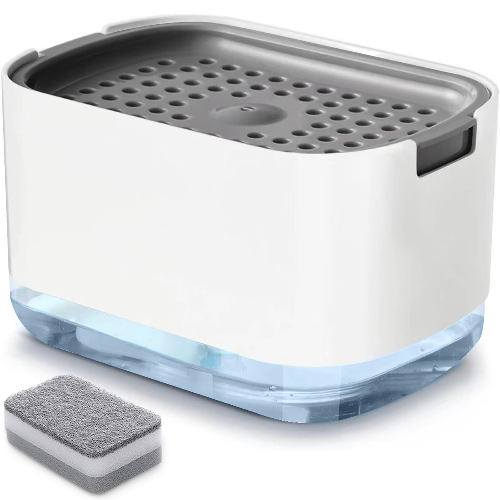 RUFCRIL Soap Pump Dispenser and Sponge Holder with Sponge, 10 Ounces / 300ml Dish Soap Dispenser for Kitchen, White