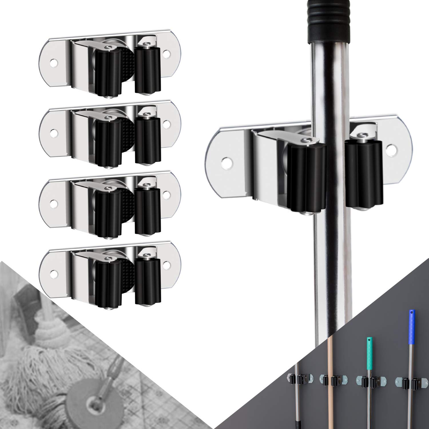 CWOVRS Broom Holder Wall Mounted, 4PCS Mop Broom Holder Stainless Steel, Heavy Duty Garage Tool Hanger Mop Broom Storage Rack Mop Holders for Kitchen Bathroom Garden Laundry Closet ect.