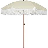 AMMSUN 7ft Patio Umbrella with Fringe Outdoor Tassel Umbrella UPF50+ Premium Steel Pole and Ribs Push Button Tilt, Light Beige