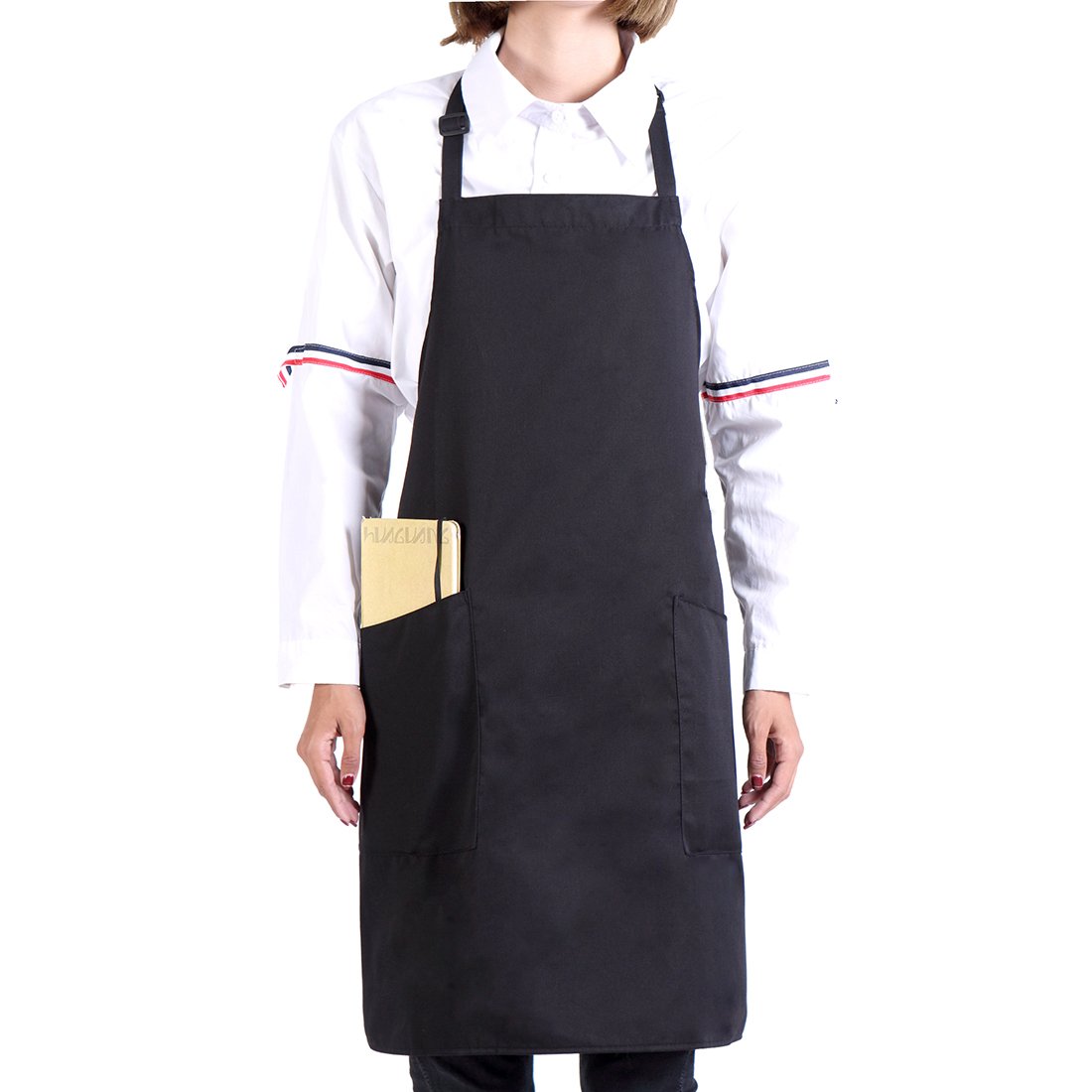Adjustable 2 Pockets Durable Bib Apron - Black Extra Long Ties(32\