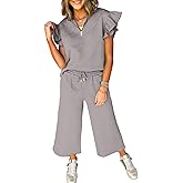 SHEWIN 2 Piece Sets Outfits for Women V Neck Collared Ruffle Short Sleeve Polo Shirts Quarter Zip Pullover Tops Lounge Set