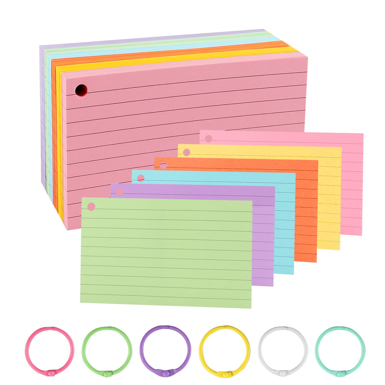 TECDW Ruled Colour Index Cards, 300PCS 3" x 5" Punched Flash Cards with 6 Binder Rings, Lined Blank Flashcards, Assorted Colored Study Notecards, Cue Cards for Studying, Office, School (005)