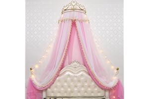 GongZhuMeng Girl Bed Curtain Princess Crown Mosquito Netting Children Room Decor Bedside Yarn Net Romantic Princess Tents Bed Canopy Valance (Pink)