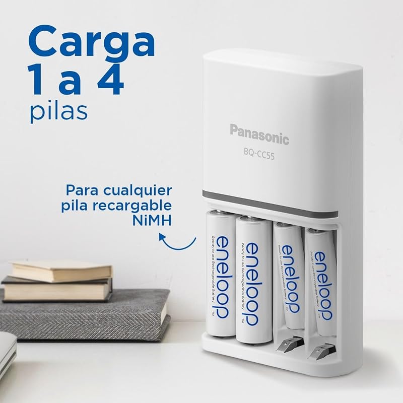 SmartPlus. Cargador para 1 a 4 pilas AA/AAA Ni-MH con 4 pilas eneloop AA/Mignon de capacidad mejorada y 10 funciones de seguridad.