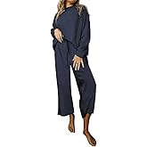 SHEWIN Women's 2 Piece Outfits Sweatsuit Casual Long Sleeve Pullover Tops and Drawstring Wide Leg Pants Lounge Sets