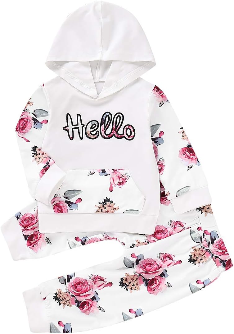 Toddler Baby Girls Floral Hello Hoodie Sweatshirt & Pants Tracksuit Outfits Set