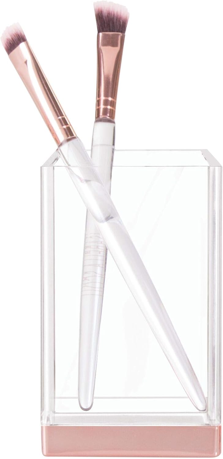 iDesign Portacepillos de dientes, vaso de baño de plástico, guarda cepillos para higiene dental o para colocar cosméticos, transparente y dorado rosa