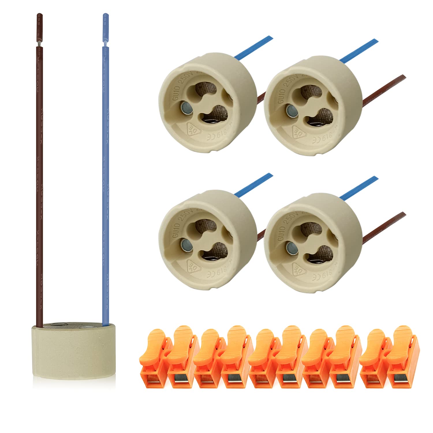 5 Sets of GU10 Lamp Holders,High Temperature Resistant Silicon Wire is Connected to GU10 Connector Ceramic Base, 0-250V ，Including quick connect terminals,Suitable for LED Bulbs