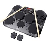 Pyle Electronic Tabletop Digital Drum Set, Compact Portable Drum Pad Kit w/ 8 Touch Sensitive Pads and Pedals, 600 Sounds, USB &amp; Headphone Outputs, MIDI/AUX Inputs, 4x5&rdquo; Drums &amp; 4x3.5&rdquo; Cymbals