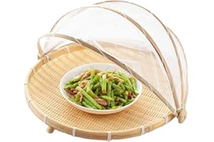 belupai 13.8in Food Serving Tent,Dustproof Hand Woven Bamboo Serving Food Tent Basket for Indoor Outdoor(Beige S)