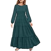 MITILLY Girls Maxi Dress Puff Long Sleeve Crew Neck A-Line Ruffle Tiered Casual Party Dresses with Pockets