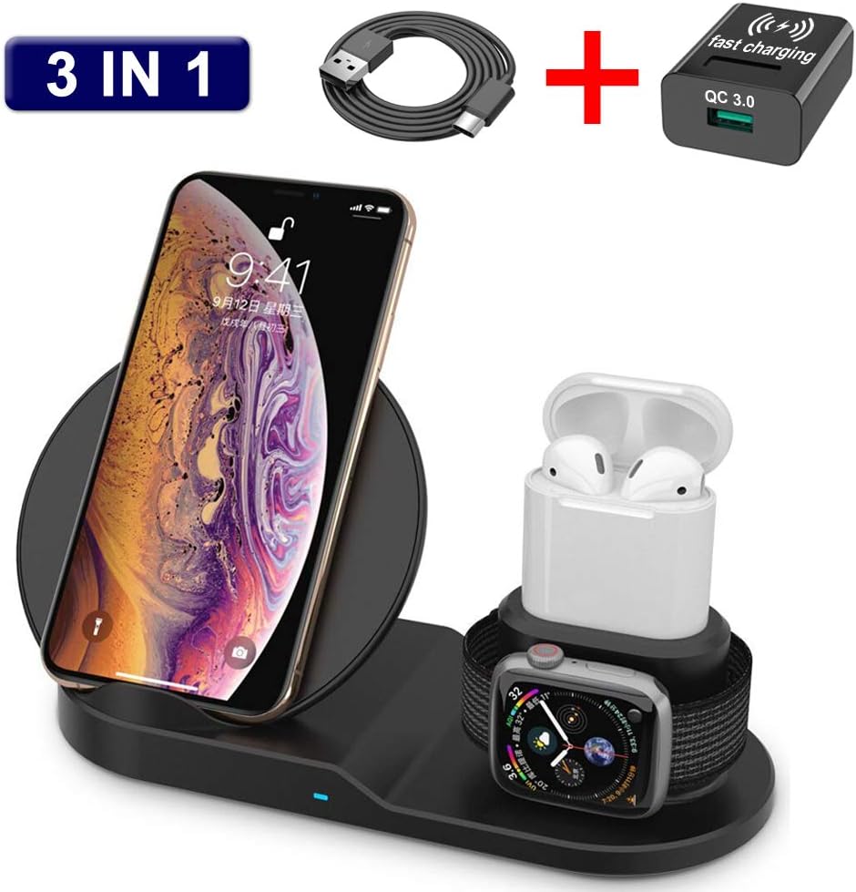 XDODD Wireless Charger,3 in 1 Fast Qi Wireless Charging Pad& Stand,Compatible for iWatch Series1/ 2/3/, Airpods and iPhone XSmax/XS/XR/X/8/8Plus(QC3.0 Adapter and Fast Charging Cable are Included)