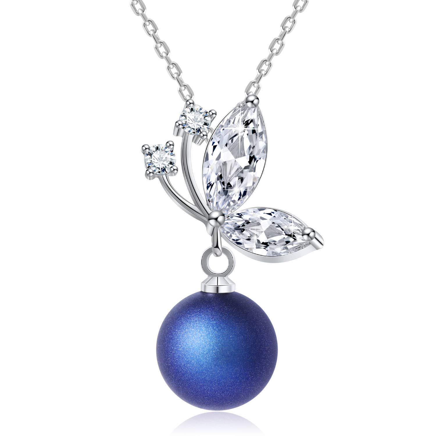 Butterfly Pendant Necklace with Dazzling Crystal and Blue Pearl - Elegant Jewellery for Women Birthday Anniversary Christmas - Gift Box Included