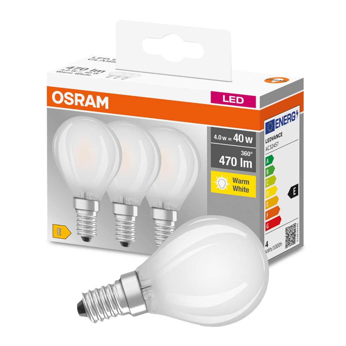 Osram Drop Shape Base Classic P LED Non-Dimmable Lamp, Glass, Warm White, E14, 4 W, Set of 3