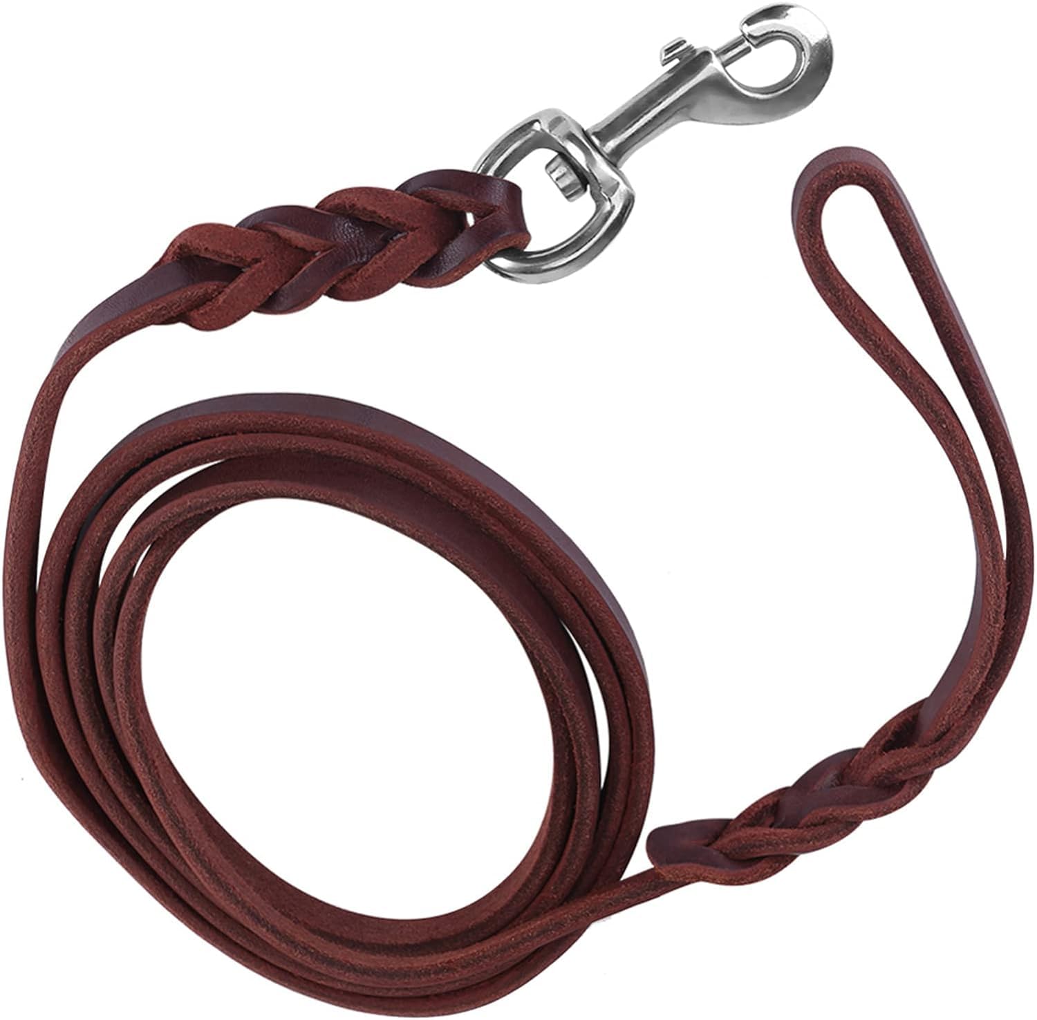 HuaDmaing Leather Dog Leash 4.9ft/1.5m - Heavy Duty Training Lead,Rotating Clasp - Anti-Pull， Braided Handle for Large/Medium/Small Dogs, Tangle-Free & Hair-Resistant (Brown)