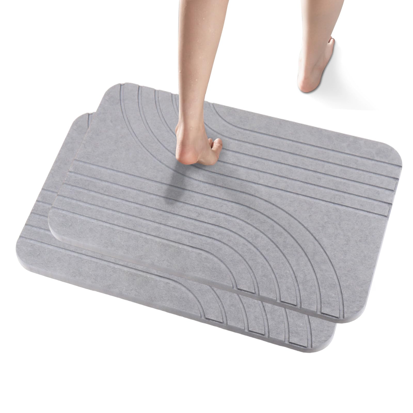 muzha 2 Pack Diatomaceous Earth Shower Mat, Stone Bath Mat, Nonslip Super Absorbent Fast-Drying Hard Bath Mat for Bathroom Shower Floor, 24 x 16 inch, Grey Line Pattern