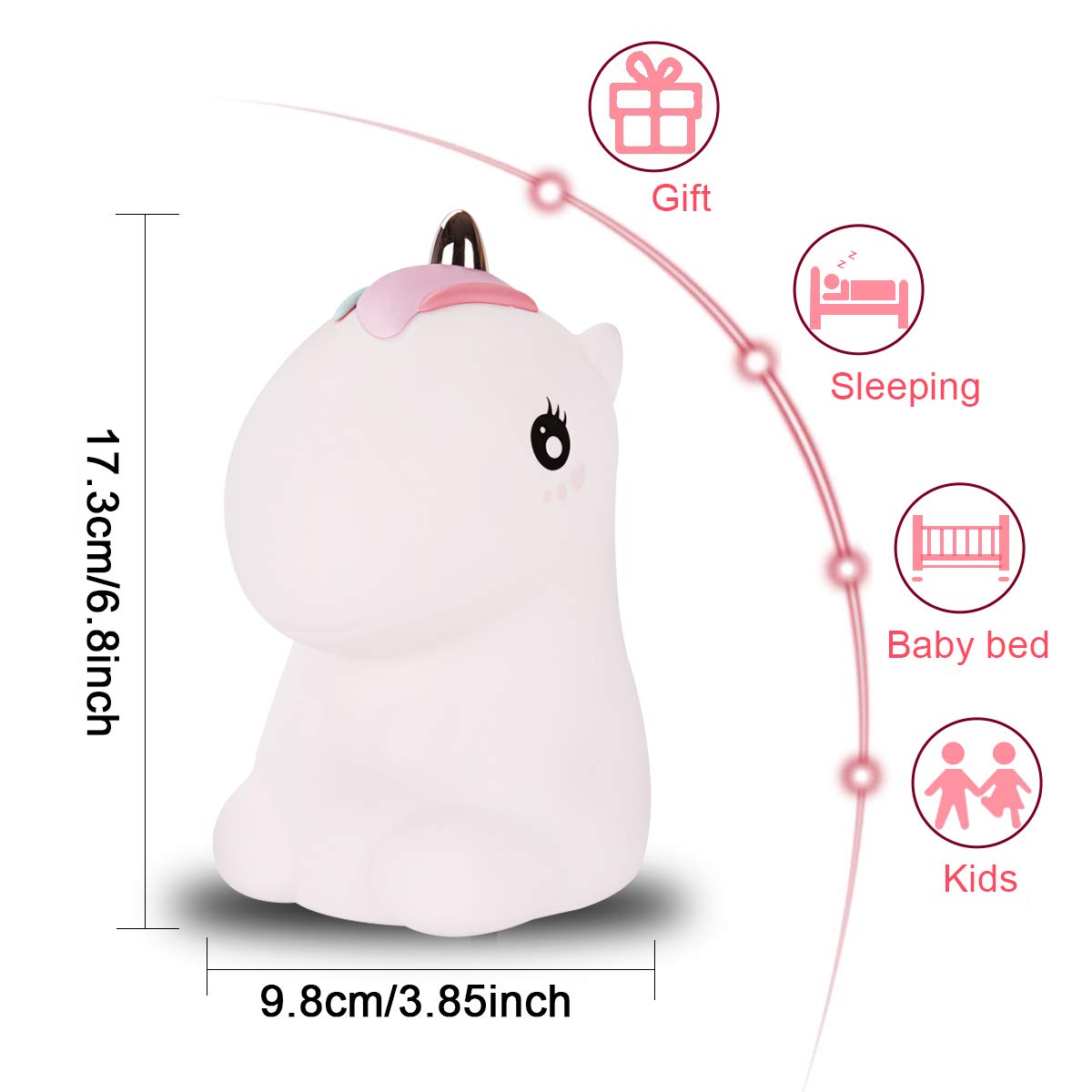 Unicorno Luce Notturna LED per Bambini, Sunvito Cute Lampada USB Ricaricabile in Silicone, Controllo Touch, Luce Calda Dimmerabile e 7-Colore Regolabile (Bianco)