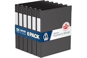 Premium Economy 1-Inch Binder, 3-Ring Binder for School, Office, or Home, Colored Binder Notebook, Pack of 6, D Ring, Black