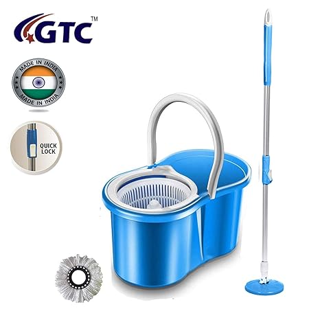 GTC Plastic Easy Magic 360 Degree Floor Mop with Bucket and 1 Heads Microfiber Spinning Rotating Head (Blue)