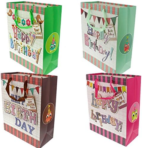 3D Glitter Happy Birthday Multi-Color Gift Bags, Large, 4 Pack, 10" x 13" x 5"
