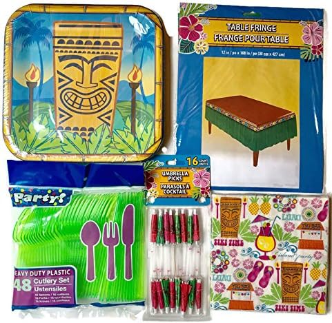 Tropical Tiki Luau Hawaiian Party Pack - Tableware and Decoration for 14 Guests - Grass Table Skirt, Dinner Plates, Napkins, Cocktail Umbrellas, Spoons,forks,Knives for 14 guests