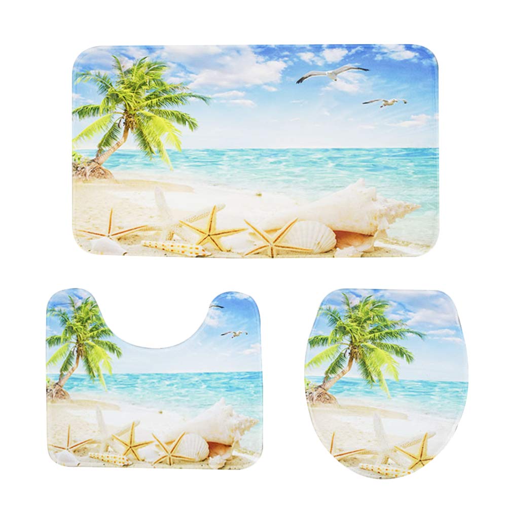 TOPBATHY Set of 3pcs Toilet Mat Set Printing Coconut Trees Pattern Antiskid Contour Mat Rug Carpet Toilet Seat Lid Cover Pad for Home Summer Beach Holiday Hotel Bath Decor : Beauty