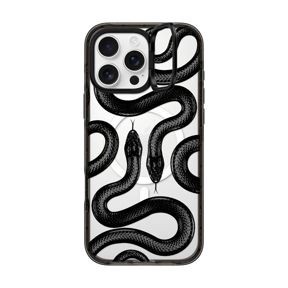 CASETiFY Impact Ring Stand iPhone 16 Pro Max Case [Kickstand / 6.6ft. 3X Military Grade Drop Protection/Compatible with Magsafe] - Black Kingsnake - Clear Black