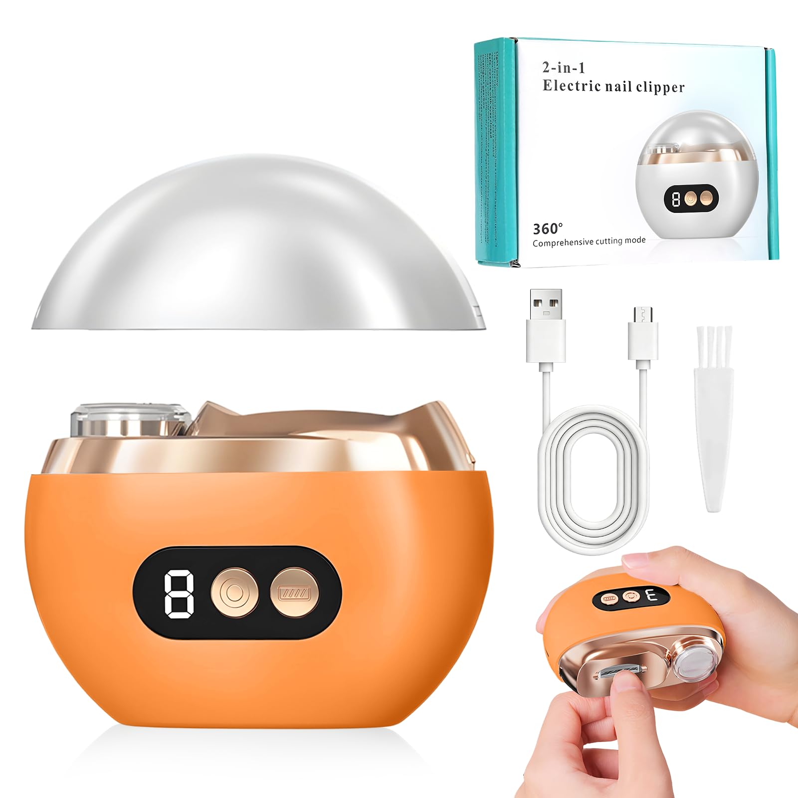 Photo 1 of 2 in 1 Automatic Electric Nail Clippers, New Electric Nail Clipper, Portable Nail Trimmer with LED Light and Nail Scraps Storage, USB Rechargeable, 2-Speed Fingernail Trimmer for All Ages (Orange)