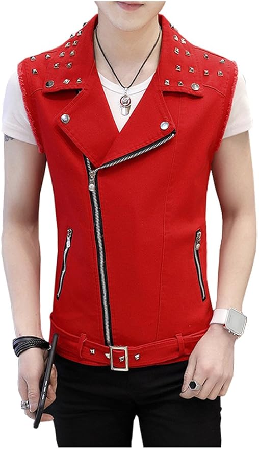 LifeHe Men's Sleeveless Lapel Denim Jean Jacket Vests With Rivets at