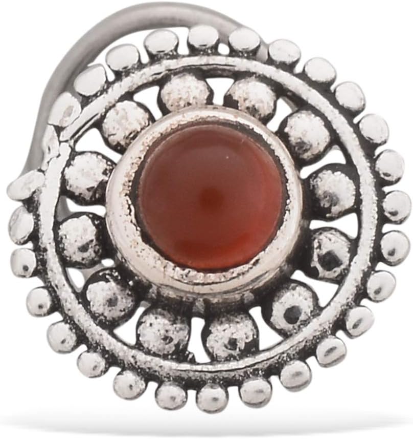 925 Sterling Silver Round-Shape Red Onyx Cup-Setting Nose Pin Stud for Women Girls
