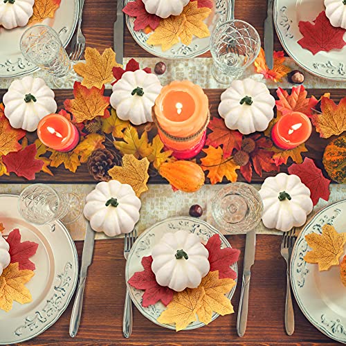 DomeStar Artificial Pumpkins Set, 12PCS White Fake Pumpkins with 30PCS Maple Leaves 1PC String Lights Fall Harvest Mini Pumpkins Faux White Pumpkins for Halloween Thanksgiving Decorations