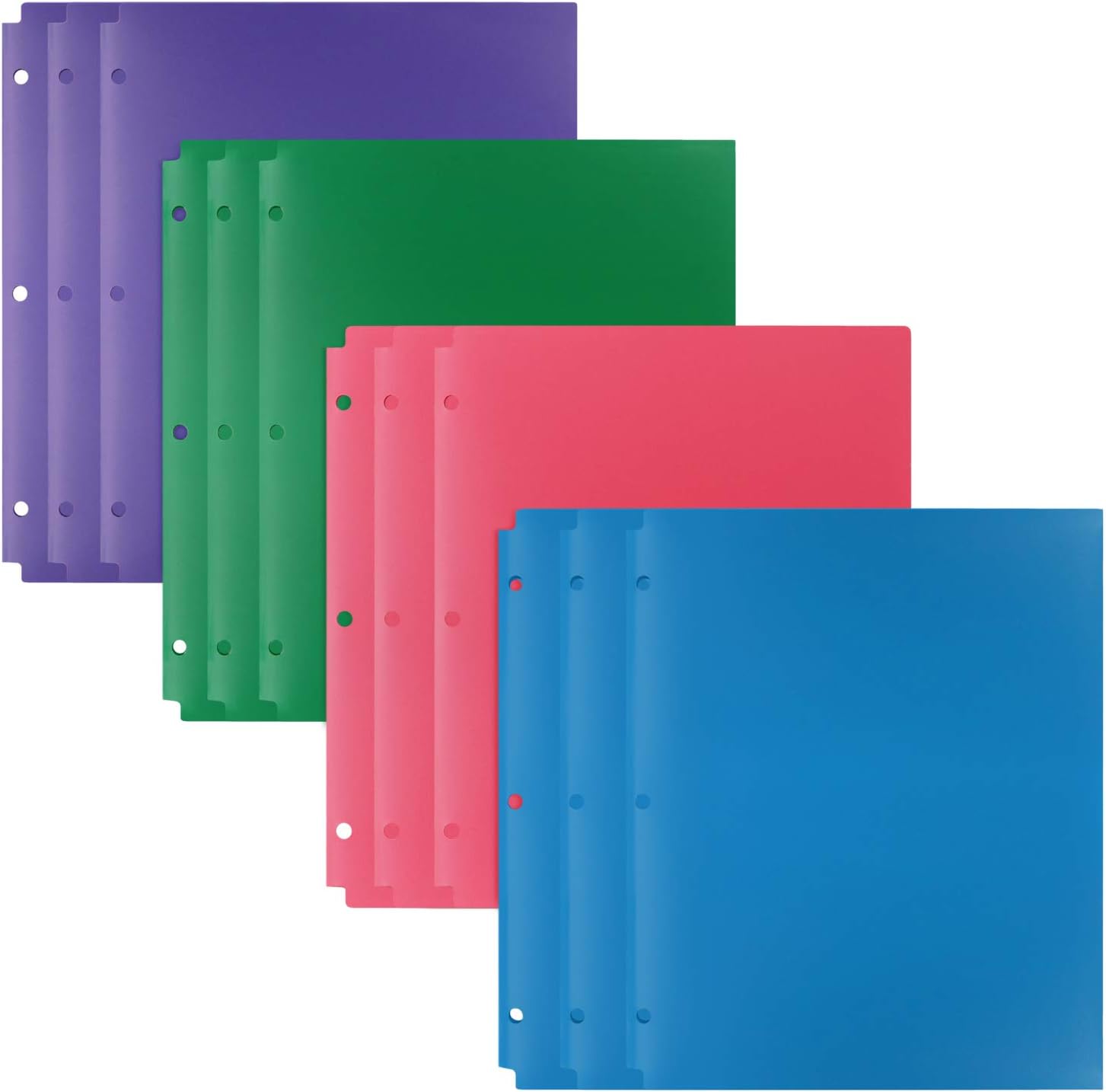 INFUN Plastic Pocket Folders - 12Pack，Assorted Colors Plastic Folders with 3 Holes Punched, 2 Pocket Plastic folders for School, Home, and Office