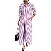 Choichic Shirt Dresses for Women Cotton Button Down Oversized Striped Maxi Dress Cover Up with Pockets