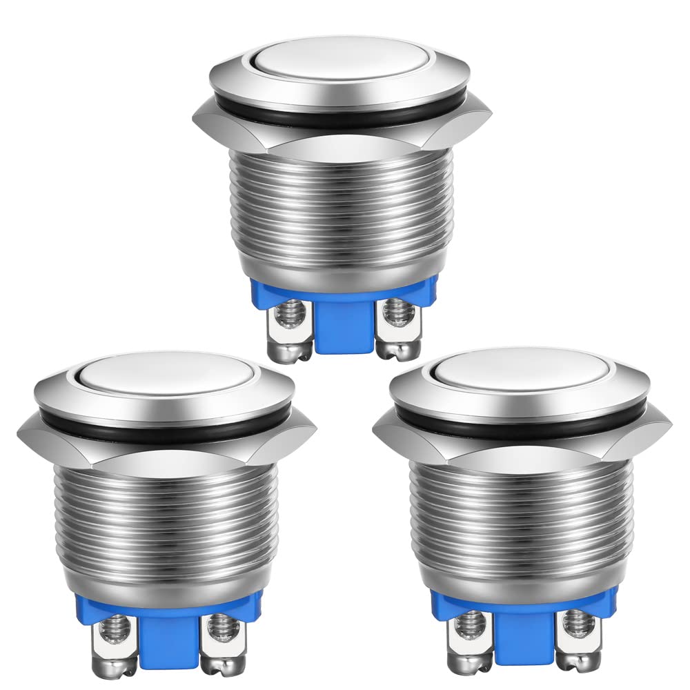 Gebildet 3pcs Momentary Push Button Screw Type Terminals Stainless Steel Metal Waterproof Button 19mm 2A 12V/24V/125V/250V with 2pcs Screw Terminals(Flat Head)