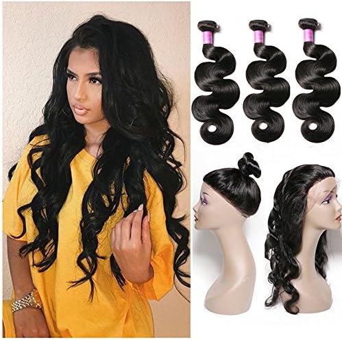 Sheng Qi Hair 8A Grade 360 Lace Frontal Closure with Bundles Brazilian Body Wave Virgin Hair Bundles with 360 Lace Frontal Unprocessed Human Hair with 360 Frontal 12 14 16+10 360frontal, Natural Color