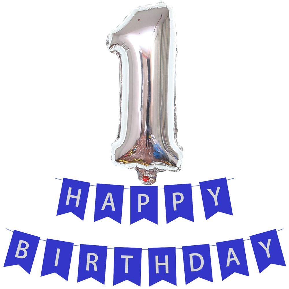 Number 1 Foil Balloons with Happy Birthday Banner Bunting for Boys, 1 Year Old 1st Birthday Helium Foil Balloons Blue Banner for Surprise Party Decorations Anniversary