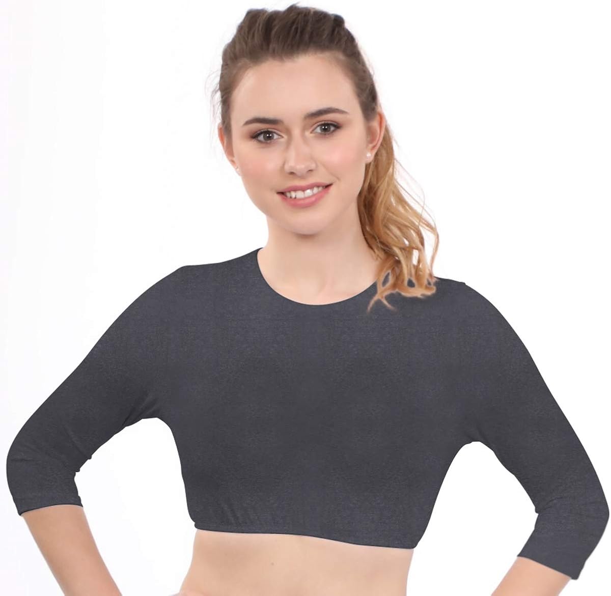 Kosher Casual Women's Modest High Neck Cropped Layering Shell - Cotton Lycra 3-4 Sleeve Base 