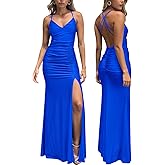 Atizon Women's Cocktail Maxi Dresses 2026 Sexy V Neck Spaghetti Strap Ruched Split Bodycon Formal Wedding Guest Long Dress