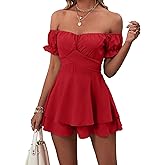 LYANER Women's Off Shoulder Wrap Tie Up Back Ruffle Short Sleeve Romper Short Jumpsuit