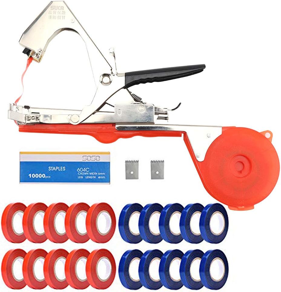 NUODUN Plant Tying Machine Garden Plant Tapener Tool with 10000pcs Staples and 20 Rolls Tape Set Tapener Tapes Garden Tools Set for Vegetable, Grape, Tomato, Cucumber, Pepper Flower (Orange)