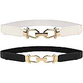 Women Stretchy Thin Waist Belt, Retro Elastic Skinny Belt with Gold Buckle for Ladies, Perfect for Dresses & Shirts, 2 Pack