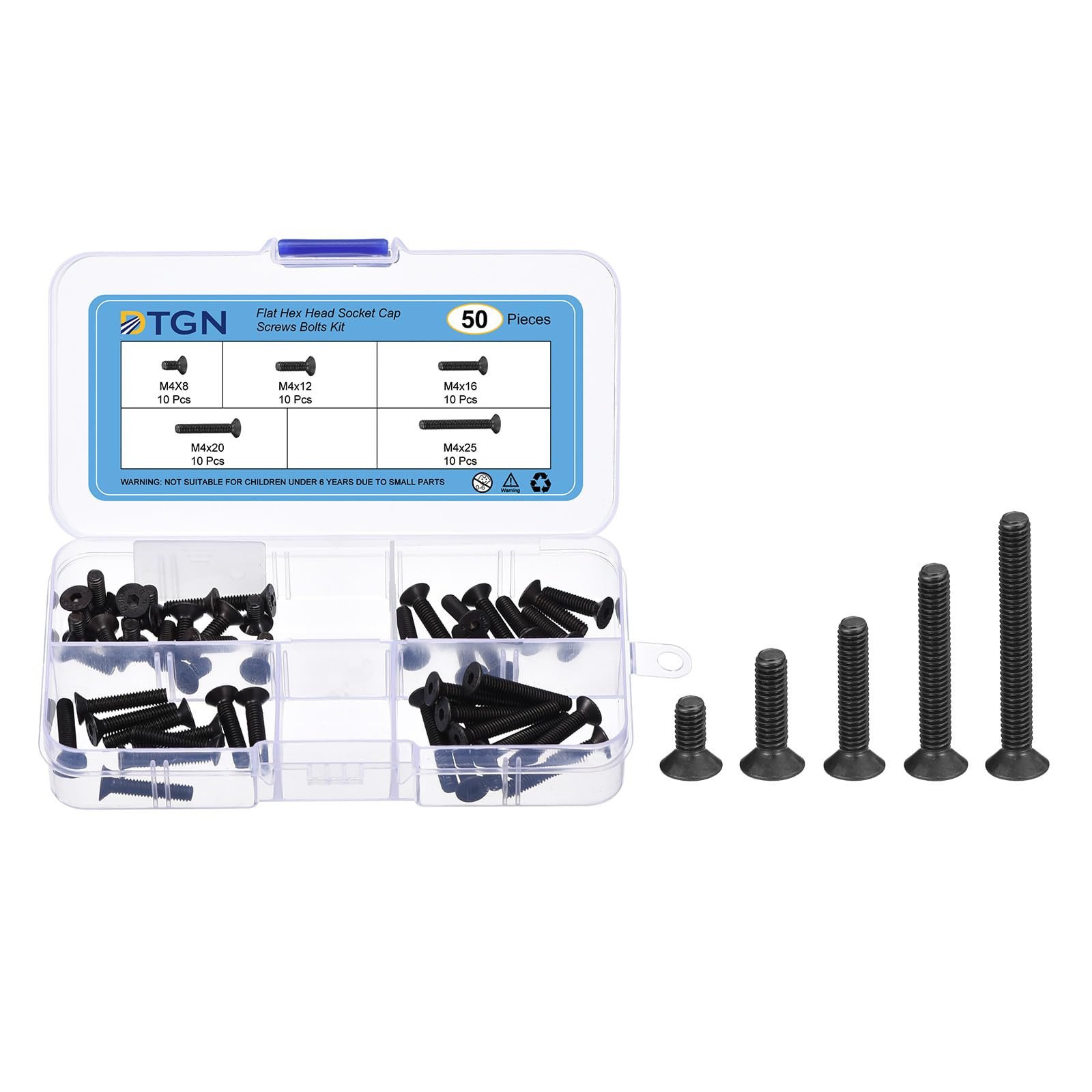 DTGN 50Pcs M4 x 8mm /12mm /16mm/ 20mm /25mm Flat Head Hex Socket Cap Screws Bolts Kit, Carbon Steel Black Oxide, Full Thread, Countersunk Bolts