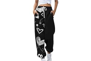 Aboser Valentines Sweatpant for Women Love Heart Printed Pants Elastic Waist Joggers Casual Loose Trousers with Pockets